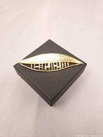 Front view of gold-tone leaf brooch on box