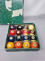 Top view showing full set of pool balls in box