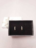 pair of crystal-set hoop earrings in box, front view