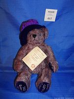 Full view of teddy bear seated with hang tag and hat