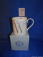 Mug on top of its pale blue presentation box