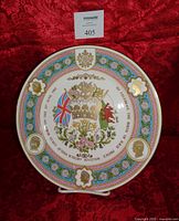Front view of commemorative plate on stand displaying full design