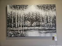 Full view of monochrome forest landscape painting