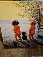 Full front view of canvas showing entire artwork of children, cat and lake
