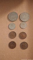 All eight coins arranged vertically by denomination