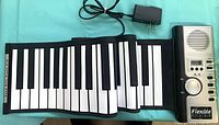 Flexible roll-up piano keyboard, control module, and power adapter displayed