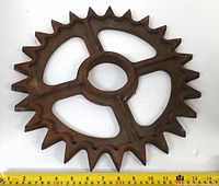Front view of full cast iron sprocket showing all 20 teeth with measuring tape for scale