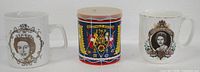 Front view showing both Queen Elizabeth II mugs and drum-design jam jar