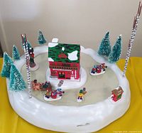 Complete skating pond display set up on table showing building, trees and figures
