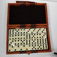 Open case showing domino tiles arranged in rows