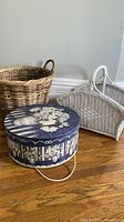 Group view of both wicker baskets and hat box