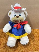 Front view of white plush bear wearing blue dress, red scarf, white hat with red band
