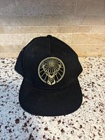 Front view of black snapback hat showing embroidered stag logo