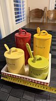 Full condiment set on tray showing colors and arrangement