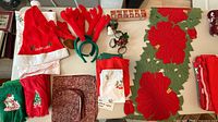 Overview of textiles, headbands, napkins, runner, ornaments
