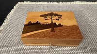 Closed box showing marquetry tree landscape and key in lock