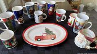 Group shot of all mugs arranged around platter