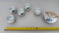 Overall view of teapot and five cups with tape measure for scale
