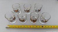 All seven glasses arranged with measuring tape showing scale