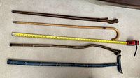Five canes laid out beside measuring tape for length reference