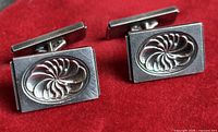 Both cufflinks front view showing swirl motif and rectangular shape