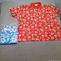 Red Hawaiian shirt laid flat and sealed blue shirt beside it