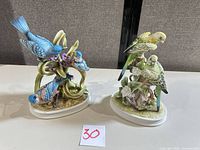Overall view of both porcelain bird figurines