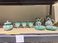 Full set on shelf showing pot, creamer, sugar bowl, six cups, six saucers