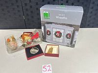 Boxed set of H For Happy wreaths, two boxed ornaments, clear tray with assorted loose ornaments