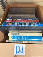 Box with Time-Life Civil War volumes and assorted other hardcovers including The Civil War Album, Campfires and Battlefields, The Art of Woodworking
