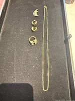 All jewellery pieces laid out: chain, three earrings, ring