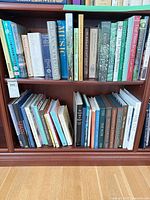 Top shelf showing gardening, music, art and literature books