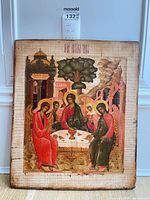 Full view of painted Russian icon on wood panel
