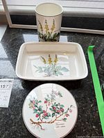 Overview of all three Botanica pieces: baking dish, planter, candy box