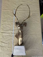Full view of brass deer head sculpture standing on wood base