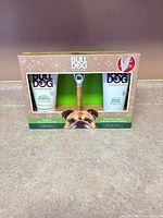 Front view of sealed Bulldog gift set showing contents