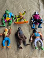 Six TMNT figures laid out, identifying Michelangelo, Genghis Frog, Splinter, Casey Jones