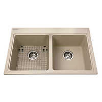 Top view of champagne granite double bowl sink with grid and strainers installed