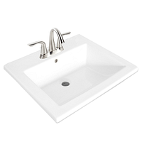 Stock image showing installed view of square white sink with 3-hole deck