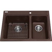 Stock image showing mocha granite double-bowl sink with grid and strainer