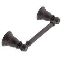 Angled view of Moen Kingsley pivoting toilet paper holder showing wrought iron finish and dual wall brackets