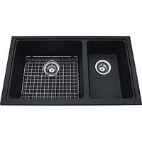 Black dual-bowl undermount sink with grid