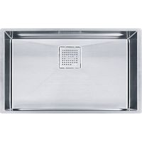 Top-down view of the stainless steel sink showing square drain cover and brushed finish