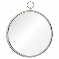 Front view of the mirror showing round shape, metal frame, hanging ring