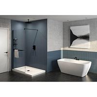 Rendering of shower shield installed in bathroom setting