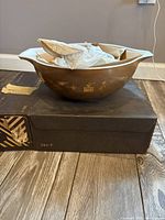 Large brown Pyrex bowl on box showing exterior color and decals