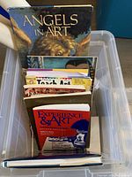 Art books in clear storage tub