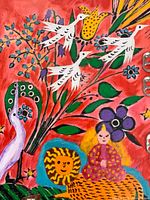 full view showing composition of lion, figure, birds and foliage