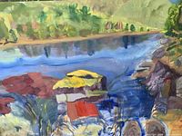 Close-up of central portion showing water, rocks, red building and brushwork