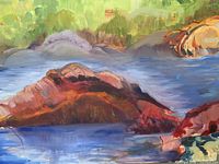 Close-up of central rocky and water elements showing brushwork and colour palette